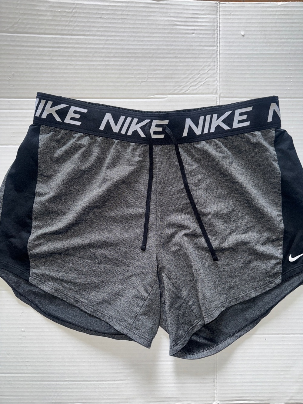 Nike Women's Grey and Black Athletic Shorts with Logo Waistband
